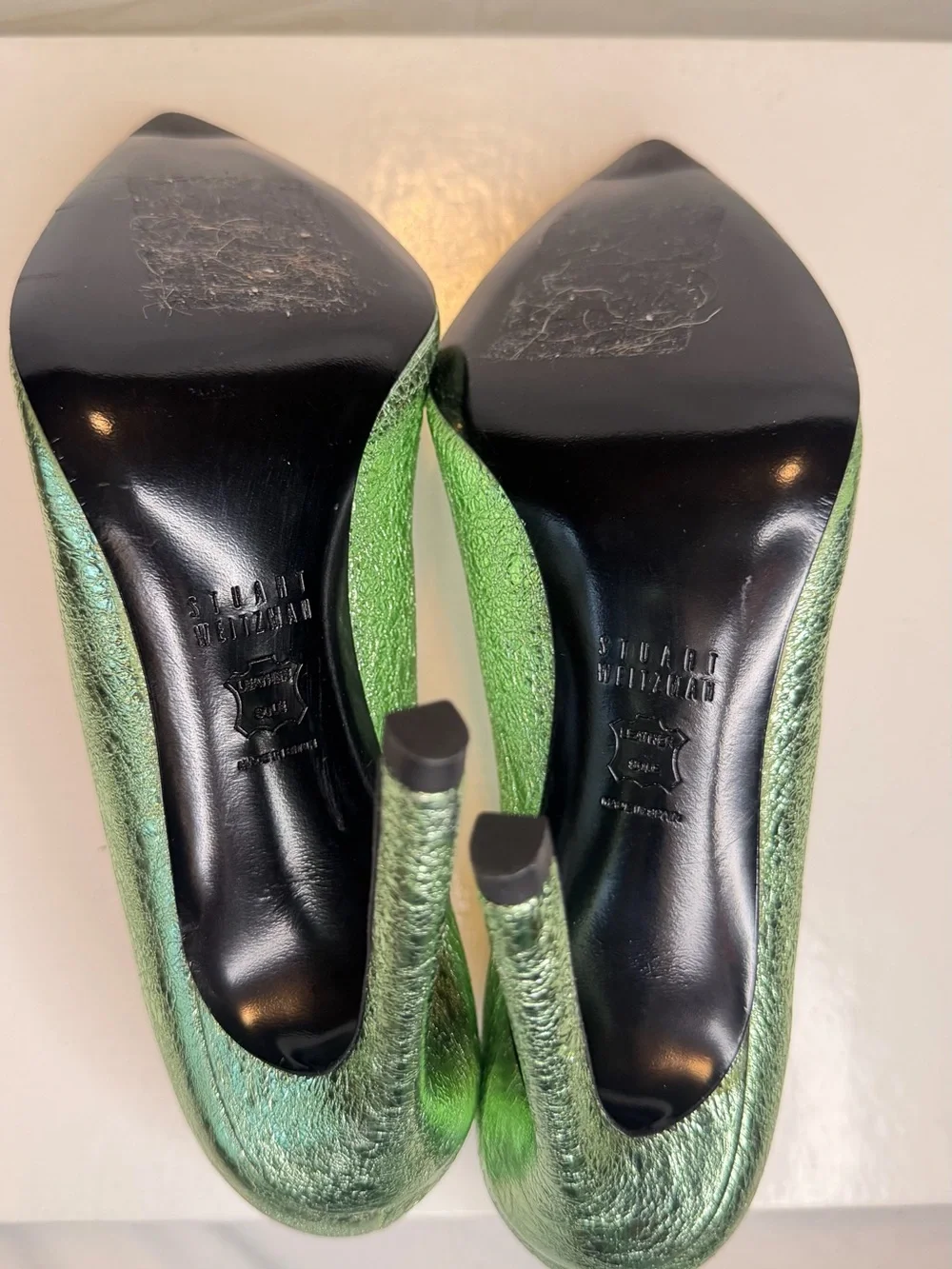 Stuart Weitzman Metallic Lime Green Cutout Pointed-Toe Pumps - Picture 6 of 6
